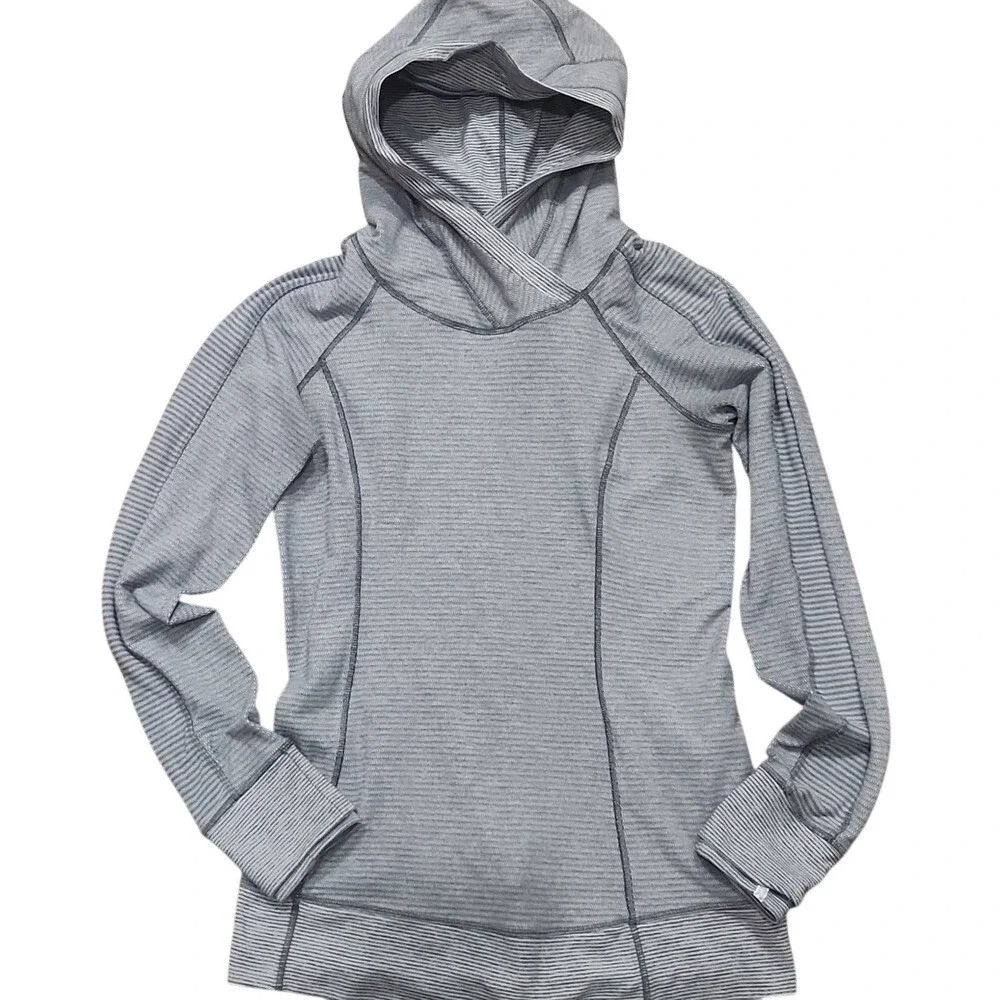 Lululemon Think Fast Run Hoodie Checker White Heathered Gray Slate Stripe Size 8